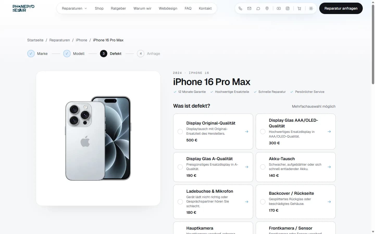 Reparatur-Preisfinder der Phone Pro Repair Website mit Festpreisen für das iPhone 16 Pro Max