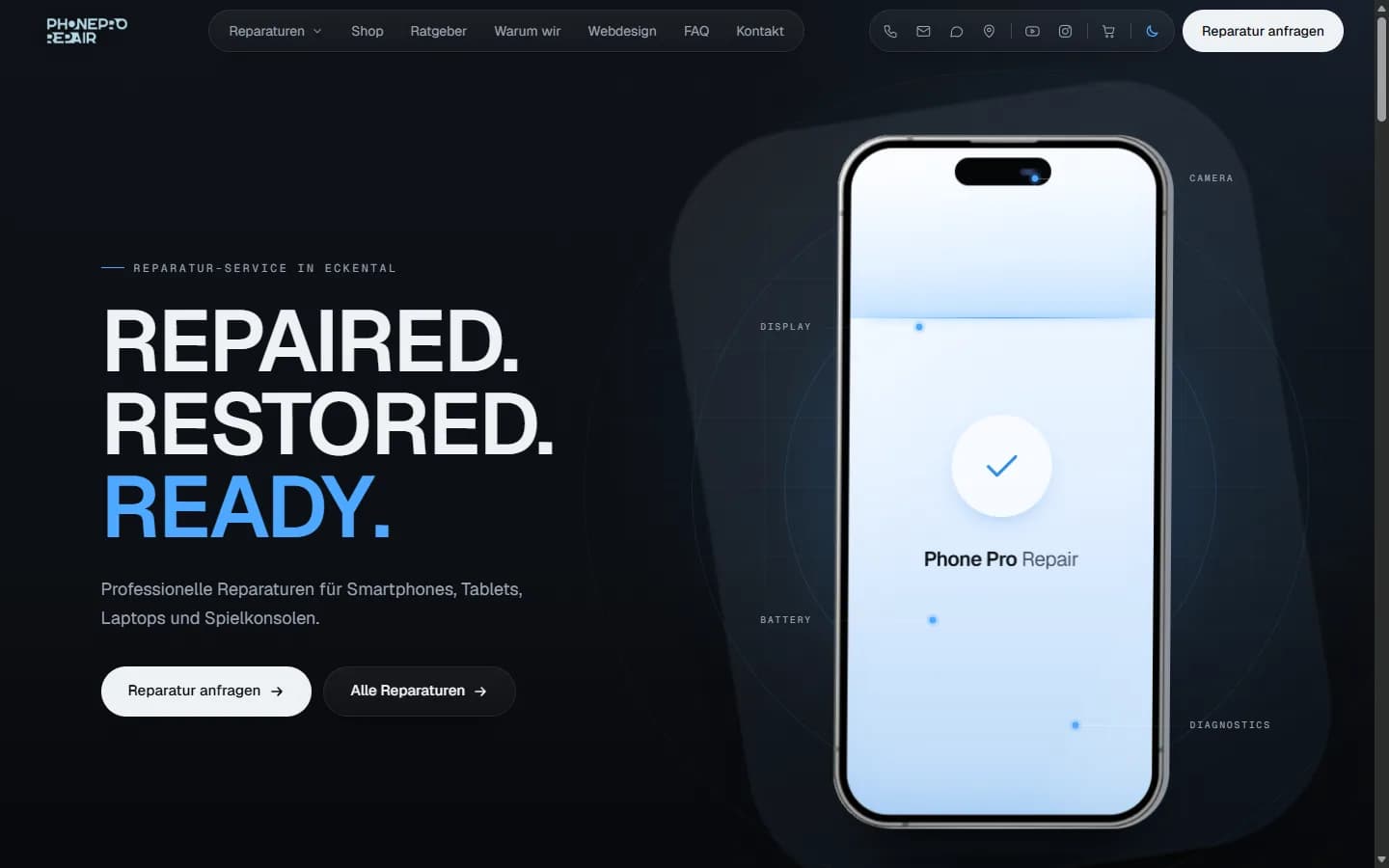 Startseite der Phone Pro Repair Website auf dem Desktop