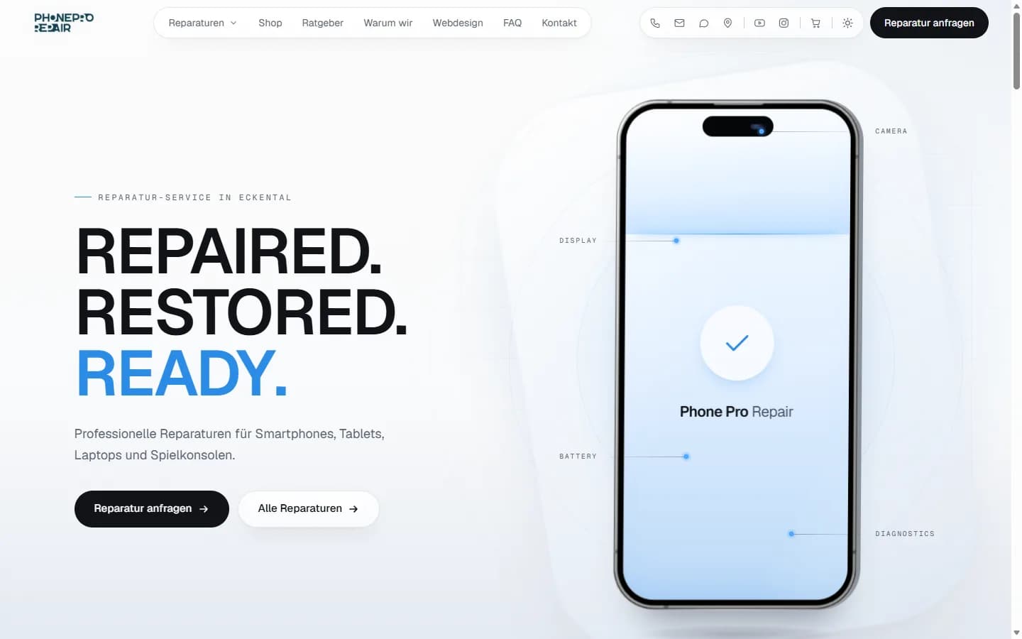 Startseite der Phone Pro Repair Website auf dem Desktop